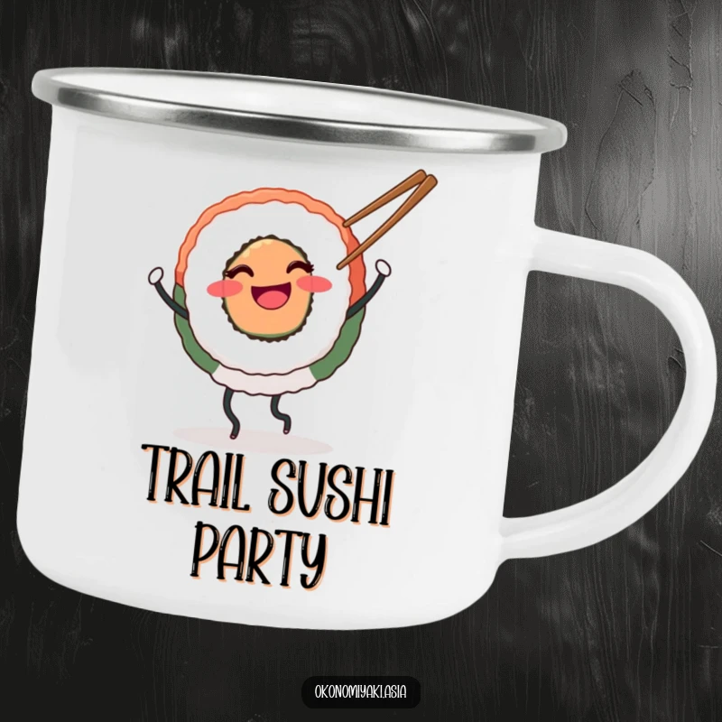 Funny Camping Mug of a smiling round sushi with legs happily dancing with chopsticks, perfect for outdoor foodie fun.