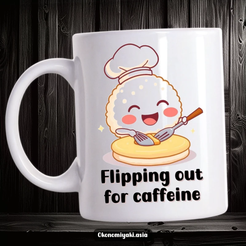 Funny mug featuring a grinning rice ball in a chef hat, expertly flipping a pancake with a cheerful expression.