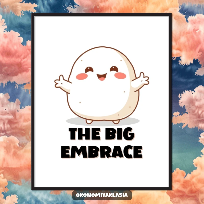 Funny Digital Art Print of a smiling, plump onigiri with arms flung wide, perfect for creating a welcoming and cute space.