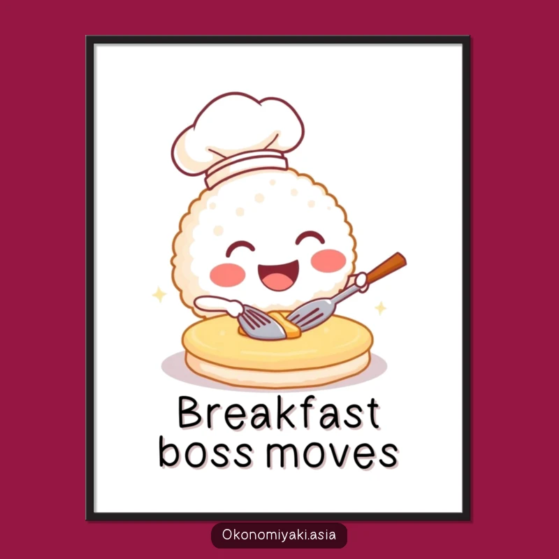 Funny Chef Rice Ball Poster - Hilarious Pancake Flipping Cartoon Wall Art Gift