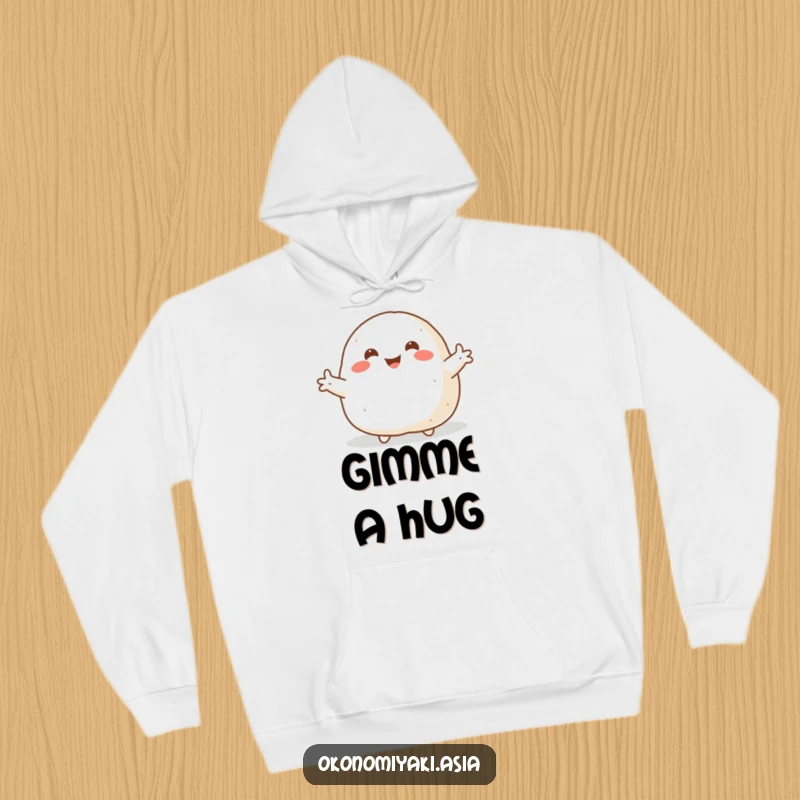 Funny Hoodie showing a smiling, plump onigiri with arms flung wide, offering cozy and welcoming comfort.