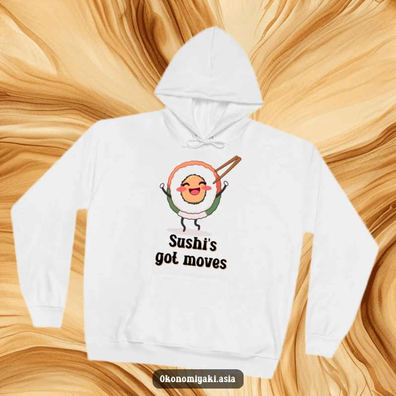 Funny Hoodie showing a smiling round sushi with legs happily dancing with chopsticks, ideal for cozy foodie fun.