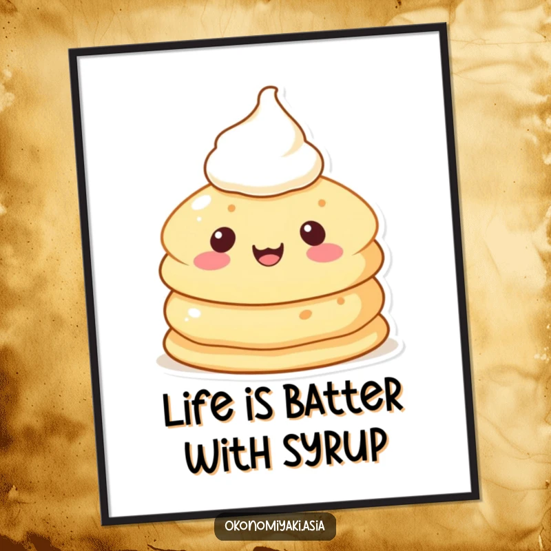 Funny Free Printable Wall Art: A smiling anthropomorphic pancake with cream is a delightful and whimsical piece of decor.