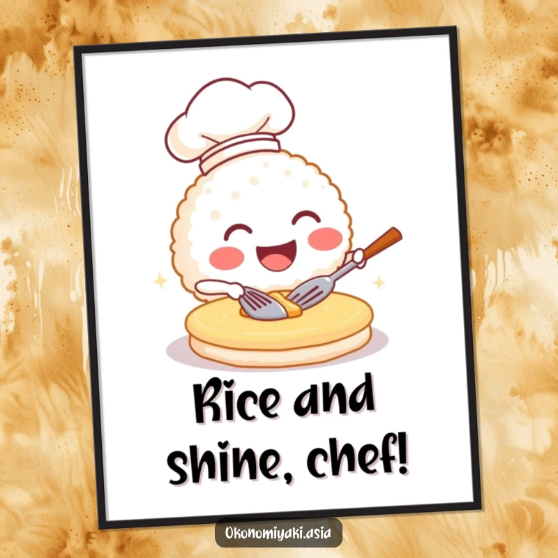 Funny Free Printable Wall Art: A grinning rice ball wearing a chef hat, expertly flipping a pancake in a kitchen setting.