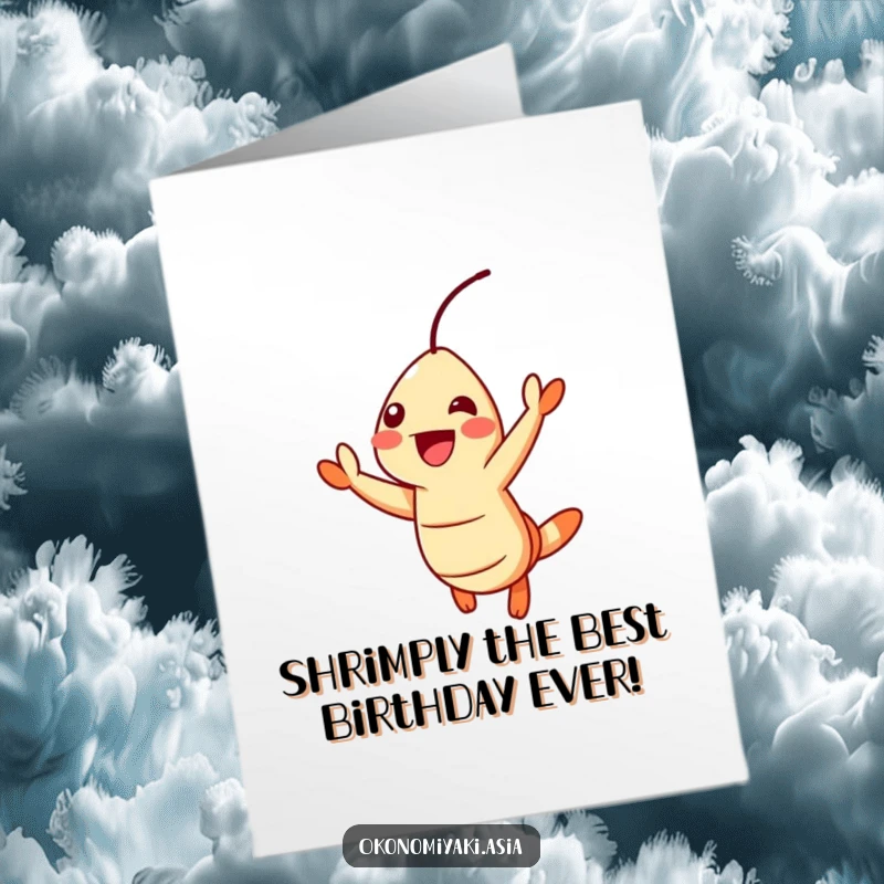Funny Free Printable Birthday Card: Cheerful tempura shrimp jumping with pure excitement, full of birthday energy.