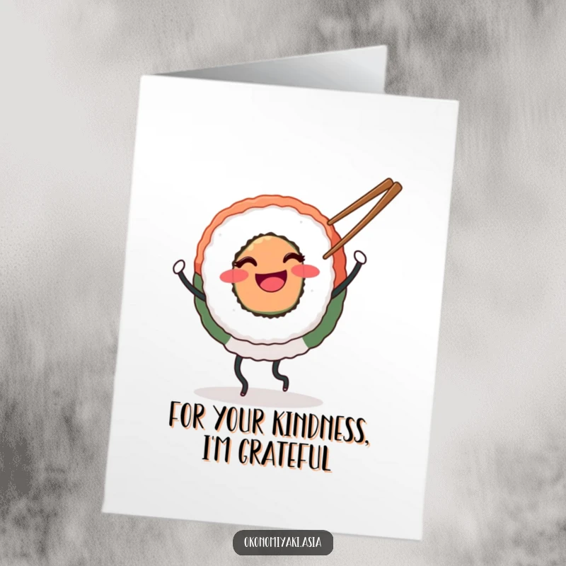 Funny Free Printable Thank You Card: Round sushi with legs happily dancing with chopsticks, cute and thankful.
