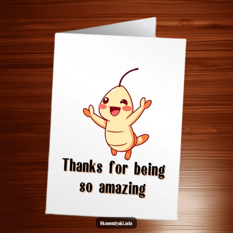 Funny Free Printable Thank You Card: Cheerful tempura shrimp jumping with excitement, a dynamic thank you.
